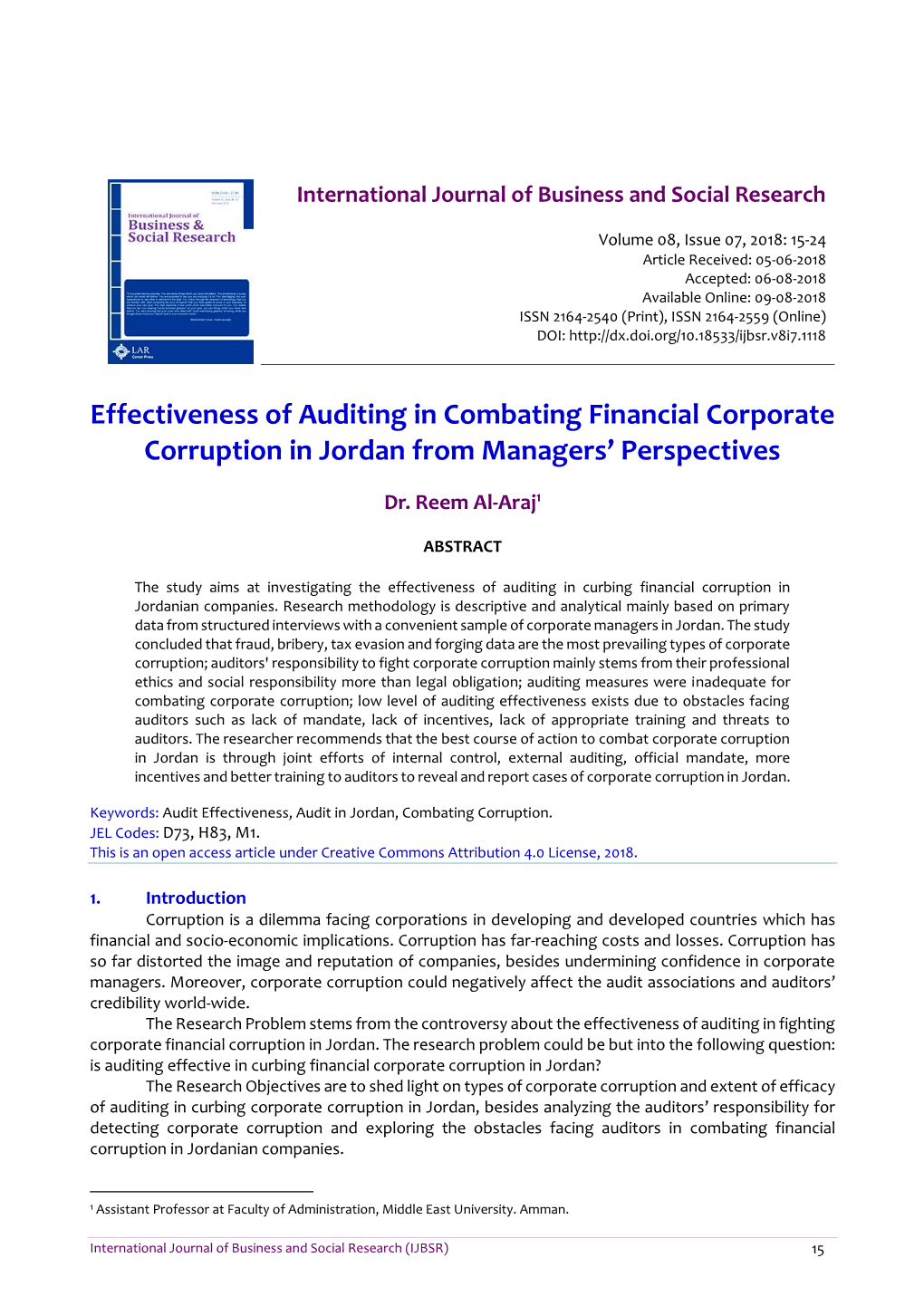 Effectiveness of Auditing in Combating Financial Corporate Corruption in Jordan from Managers’ Perspectives