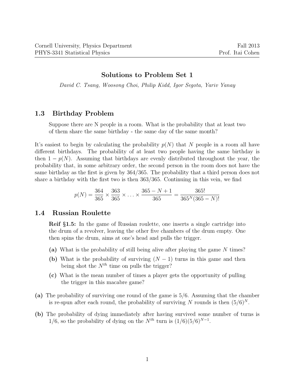 Solutions to Problem Set 1 1.3 Birthday Problem 1.4 Russian