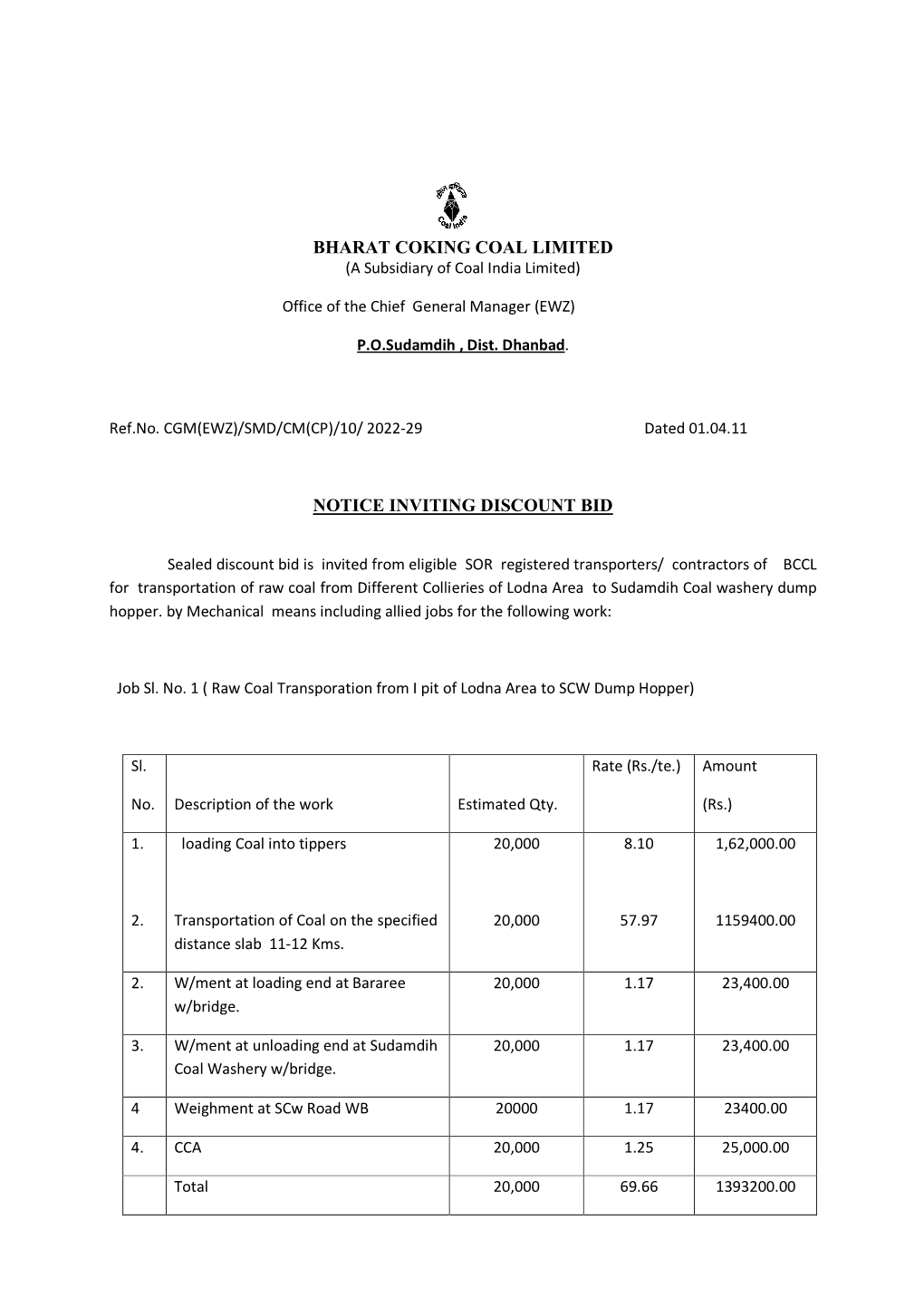 Bharat Coking Coal Limited Notice Inviting Discount