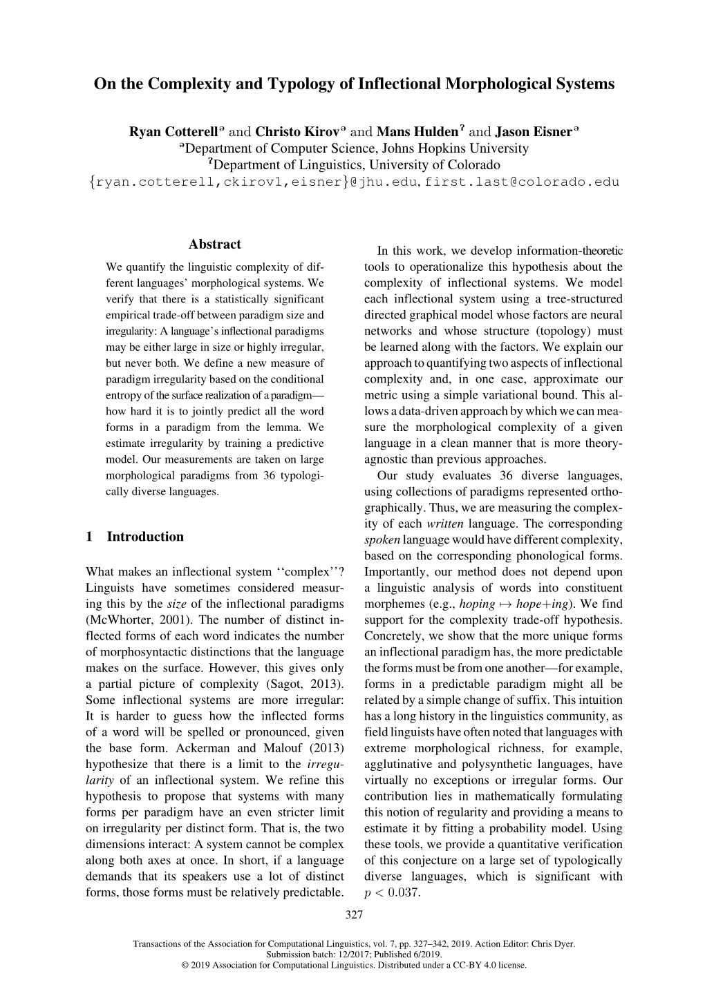 On the Complexity and Typology of Inflectional Morphological Systems