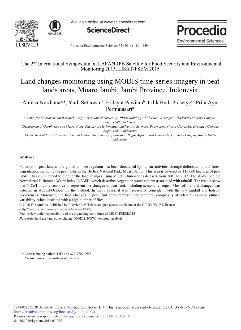 Land Changes Monitoring Using MODIS Time-Series Imagery in Peat Lands Areas, Muaro Jambi, Jambi Province, Indonesia