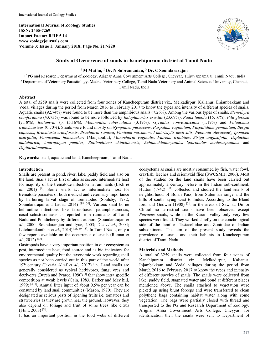 Study of Occurrence of Snails in Kanchipuram District of Tamil Nadu