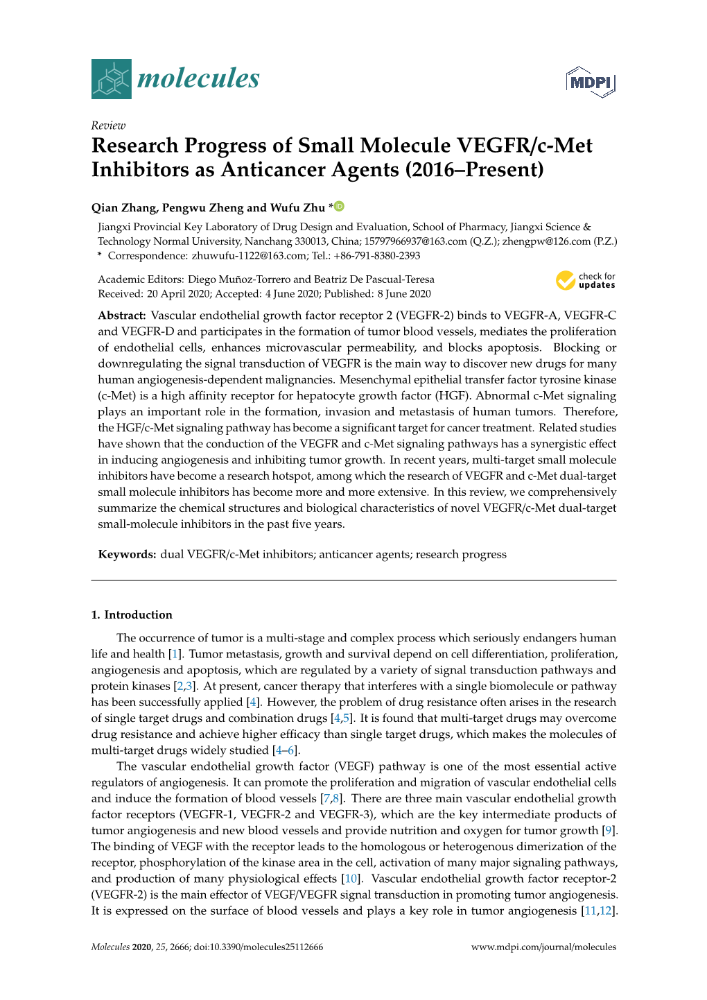 Research Progress of Small Molecule VEGFR/C-Met Inhibitors As Anticancer Agents (2016–Present)