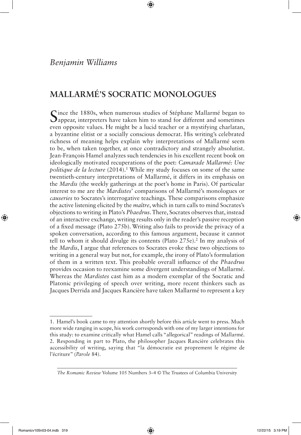 Benjamin Williams MALLARMÉ's SOCRATIC MONOLOGUES