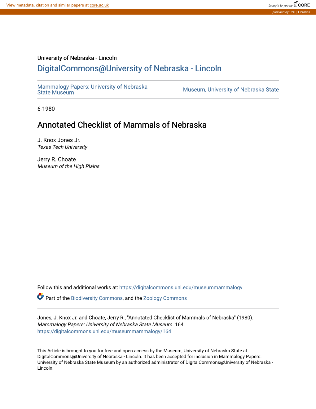 Annotated Checklist of Mammals of Nebraska