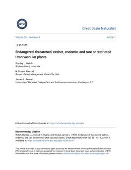 Endangered, Threatened, Extinct, Endemic, and Rare Or Restricted Utah Vascular Plants