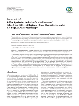 Sulfur Speciation in the Surface Sediments of Lakes from Different Regions, China: Characterization by S K-Edge XANES Spectroscopy