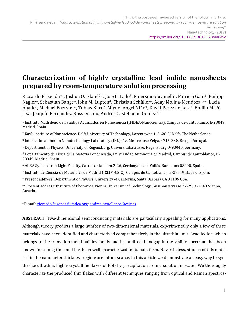 Characterization of Highly Crystalline Lead Iodide Nanosheets Prepared
