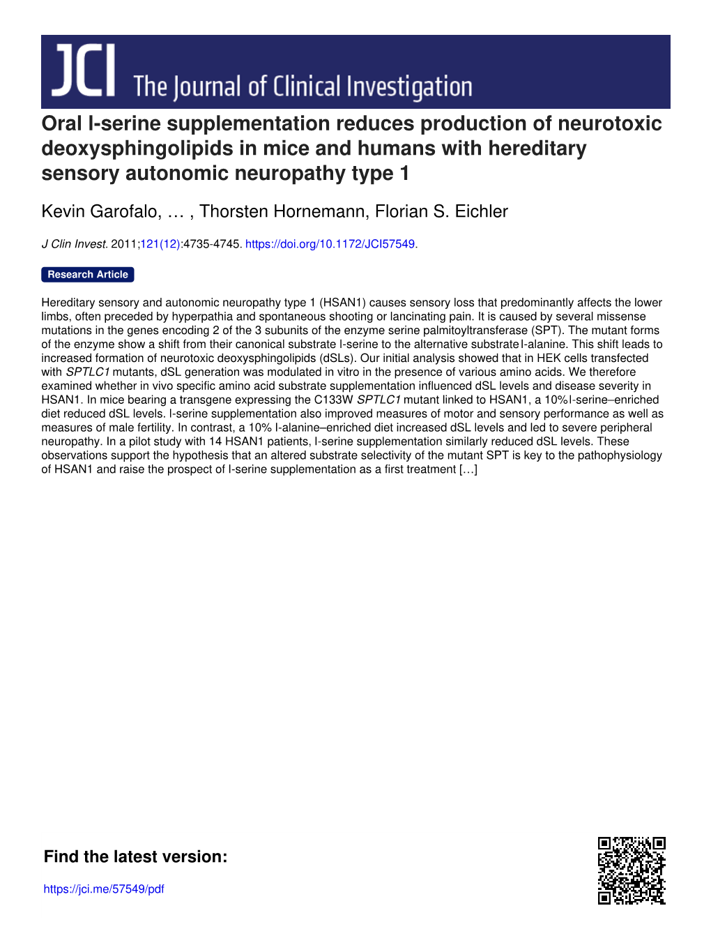 Oral L-Serine Supplementation Reduces Production of Neurotoxic Deoxysphingolipids in Mice and Humans with Hereditary Sensory Autonomic Neuropathy Type 1