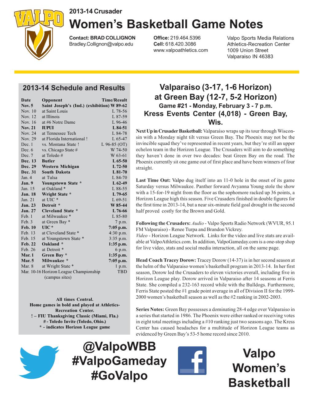 Women's Basketball Game Notes @Valpowbb Valpo Women's