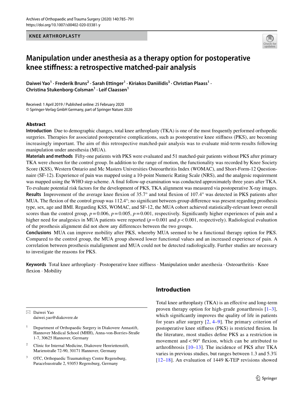 Manipulation Under Anesthesia As a Therapy Option for Postoperative Knee Stifness: a Retrospective Matched‑Pair Analysis