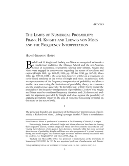 The Limits of Numerical Probability: Frank H. Knight and Ludwig Von Mises and the Frequency Interpretation