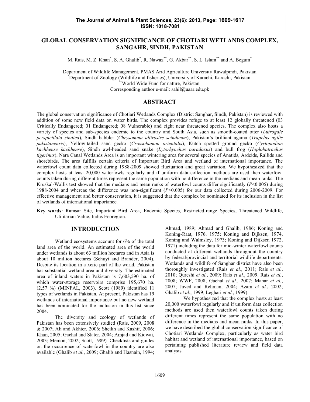 Global Conservation Significance of Chotiari Wetlands Complex, Sangahr, Sindh, Pakistan