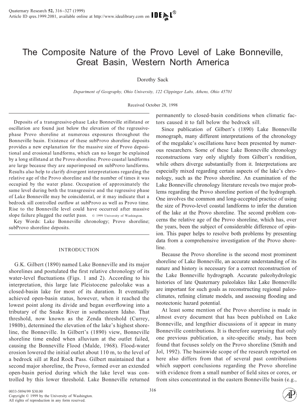 The Composite Nature of the Provo Level of Lake Bonneville, Great Basin, Western North America