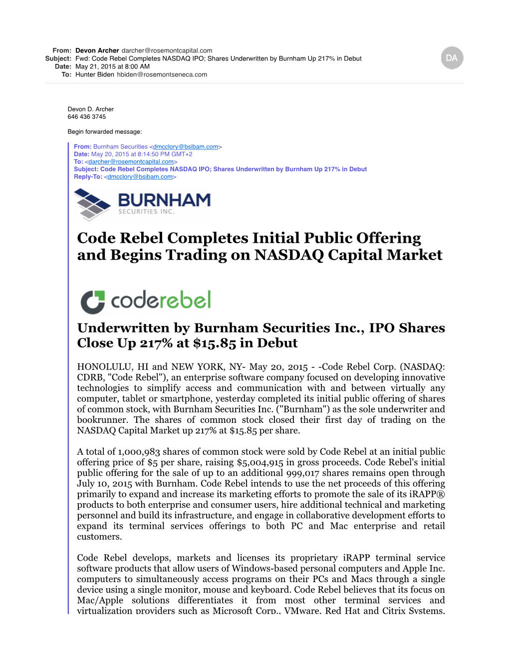 Fwd Code Rebel Completes NASDAQ IPO Shares Underwritten By