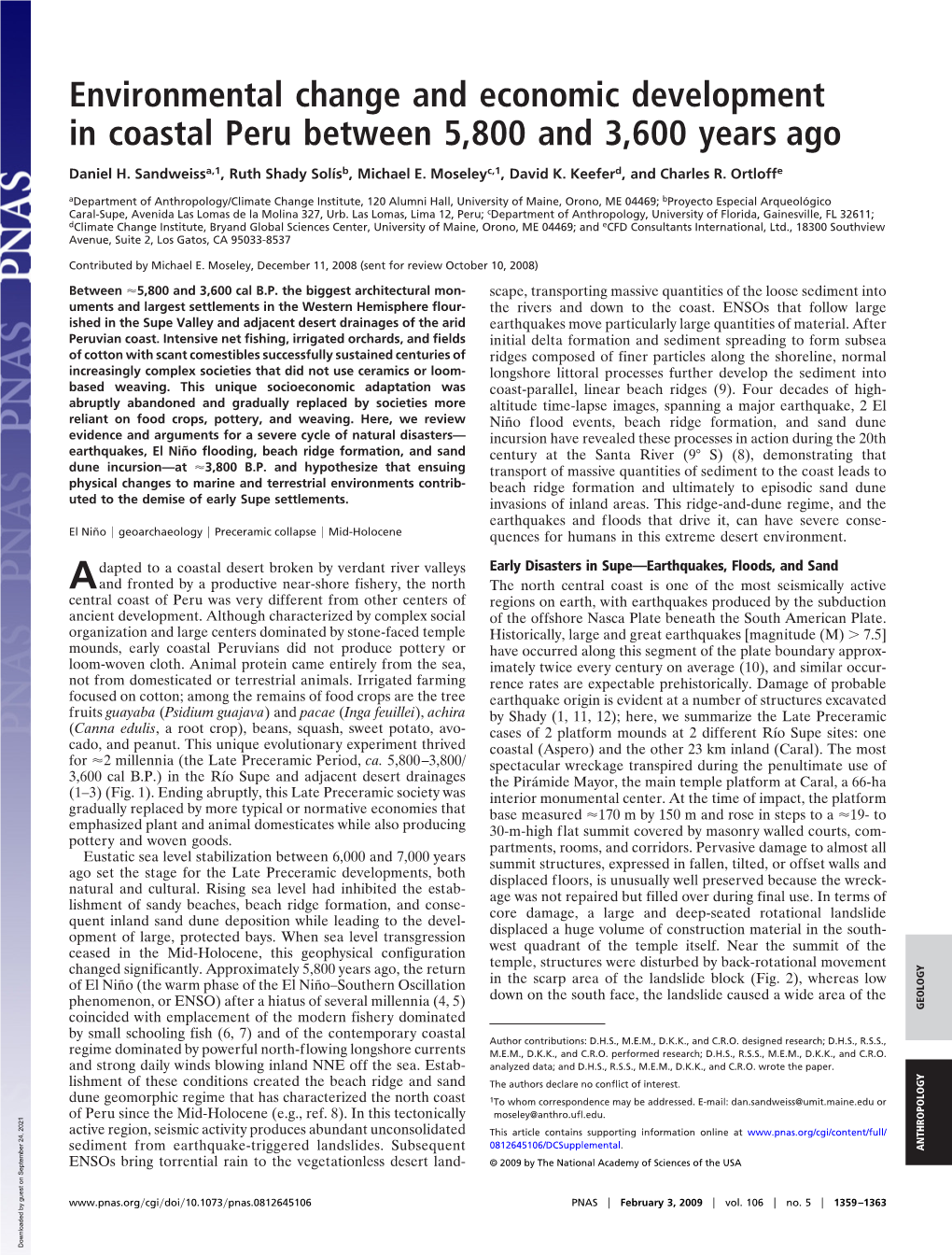 Environmental Change and Economic Development in Coastal Peru Between 5,800 and 3,600 Years Ago