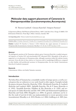 Mycokeys 5: 31–44Molecular (2012) Data Support Placement of Cameronia in Ostropomycetidae