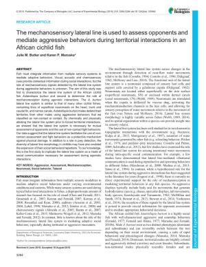 The Mechanosensory Lateral Line Is Used to Assess Opponents and Mediate Aggressive Behaviors During Territorial Interactions in an African Cichlid Fish Julie M