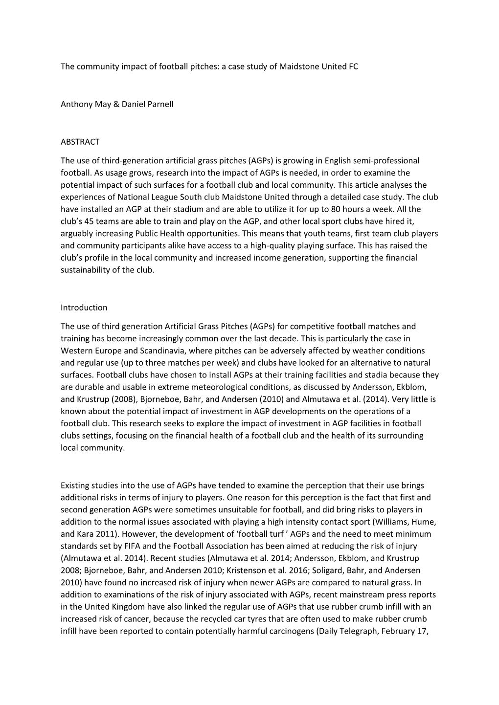 The Community Impact of Football Pitches: a Case Study of Maidstone United FC