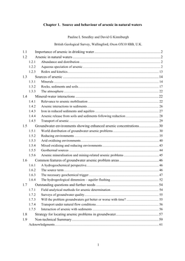 Chapter 1. Source and Behaviour of Arsenic in Natural Waters 1.1 Importance of Arsenic in Drinking Water