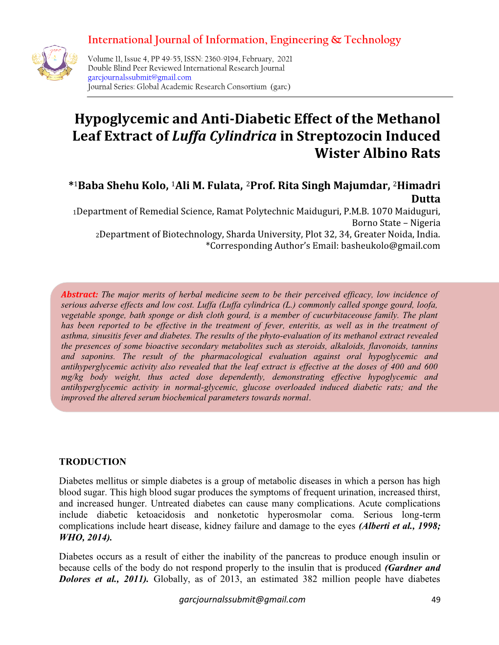 Hypoglycemic and Anti-Diabetic Effect of the Methanol Leaf Extract of Luffa Cylindrica in Streptozocin Induced Wister Albino Rats
