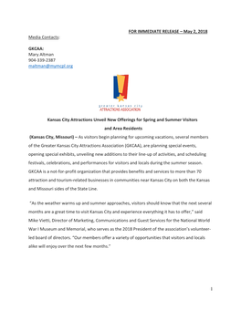 1 for IMMEDIATE RELEASE – May 2, 2018 Media Contacts: GKCAA