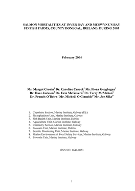 Salmon Mortalities at Inver Bay and Mcswyne’S Bay Finfish Farms, County Donegal, Ireland, During 2003 ______