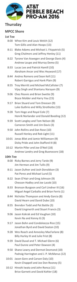 Thursday MPCC Shore 1St Tee 8:00 Whee Kim and Louis Welch (12) Tom Gillis and Alan Hoops (13) 8:11 Blake Adams and Michael J