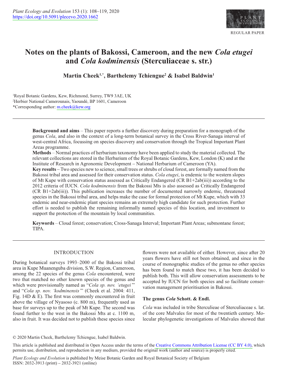 Notes on the Plants of Bakossi, Cameroon, and the New Cola Etugei and Cola Kodminensis (Sterculiaceae S