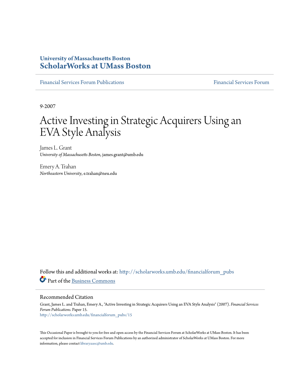 Active Investing in Strategic Acquirers Using an EVA Style Analysis James L