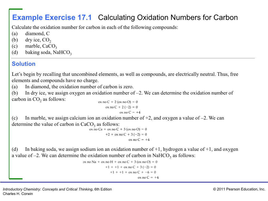 Example Exercise 17.1 Calculating Oxidation Numbers for Carbon