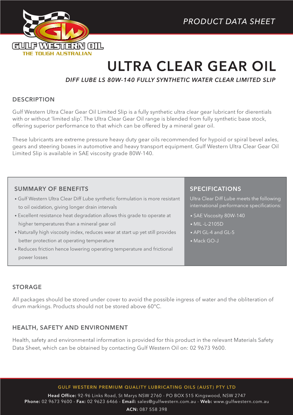 Ultra Clear Gear Oil Diff Lube Ls 80W-140 Fully Synthetic Water Clear Limited Slip