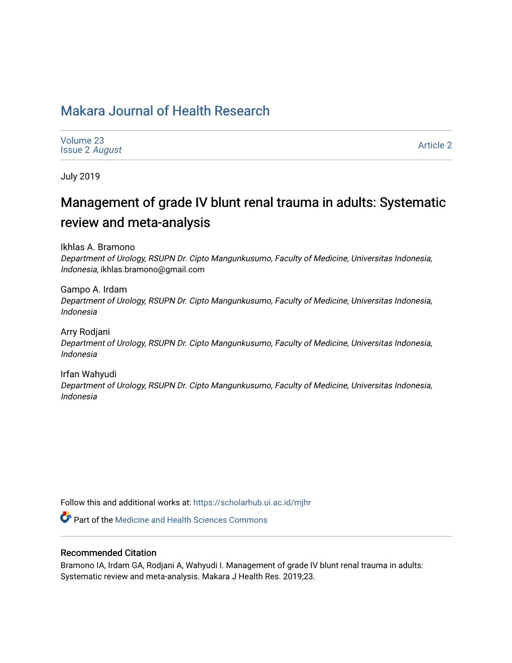 Management of Grade IV Blunt Renal Trauma in Adults: Systematic Review and Meta-Analysis