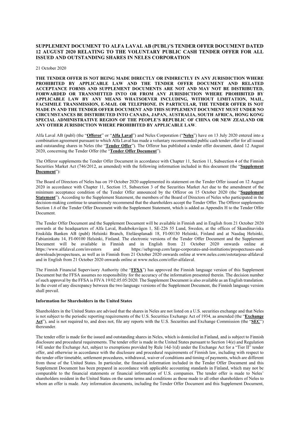 Supplement Document 21 October 2020