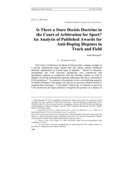 Is There a Stare Decisis Doctrine in the Court of Arbitration for Sport? an Analysis of Published Awards for Anti-Doping Disputes in Track and Field