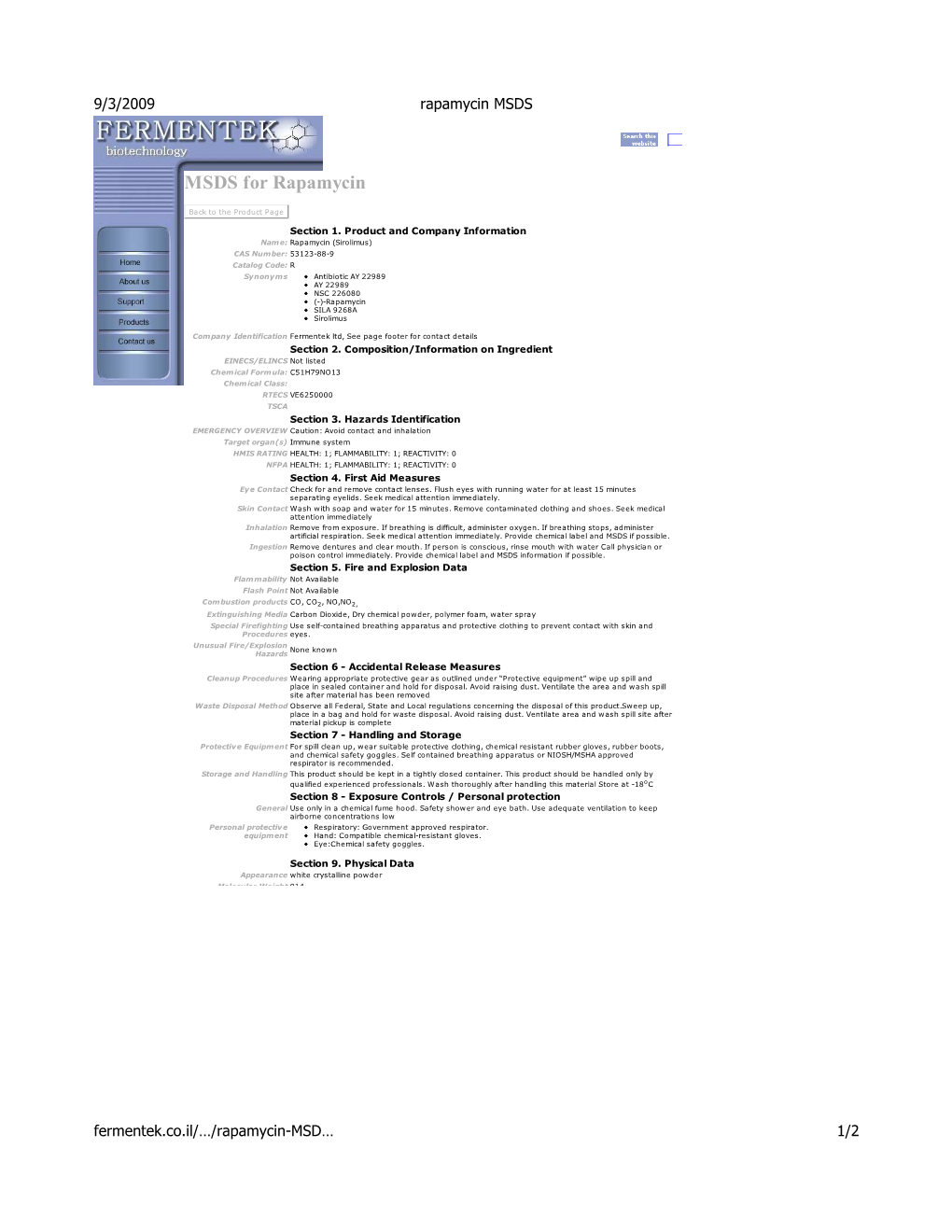 MSDS for Rapamycin