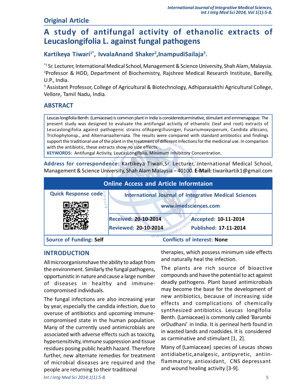 A Study of Antifungal Activity of Ethanolic Extracts of Leucaslongifolia L