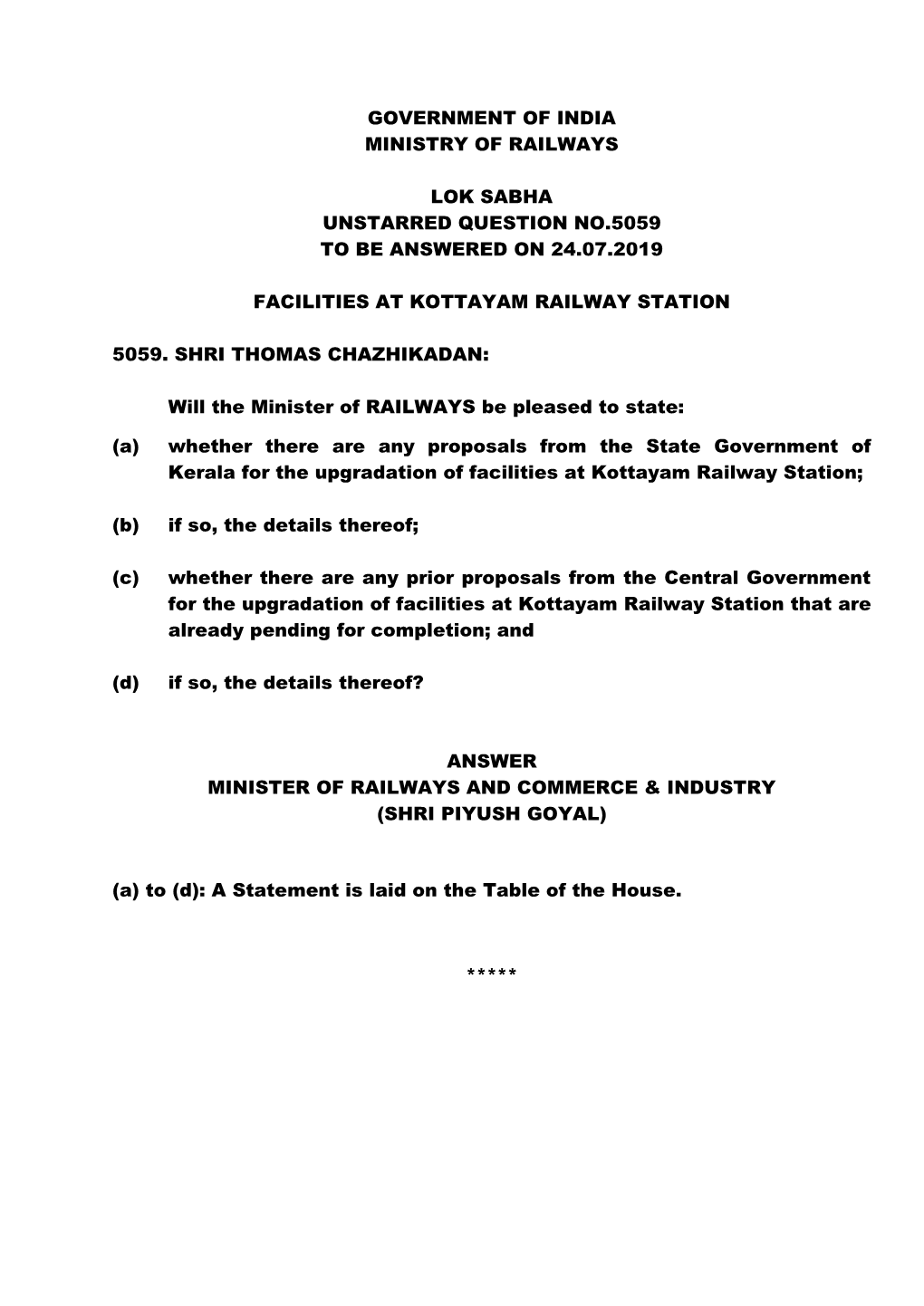 Government of India Ministry of Railways Lok Sabha