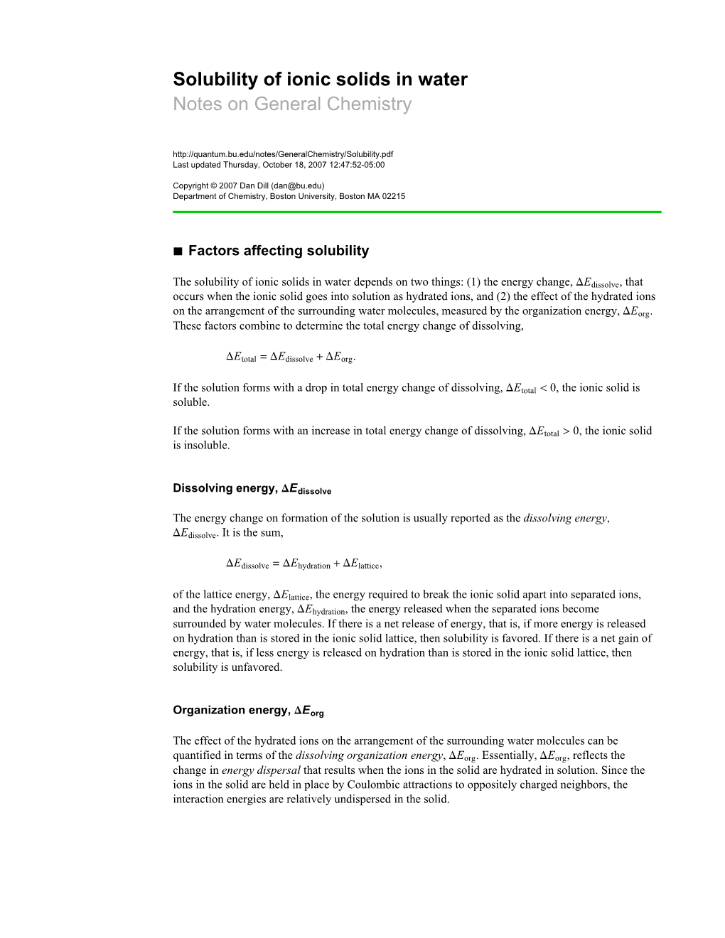 Solubility of Ionic Solids in Water Notes on General Chemistry