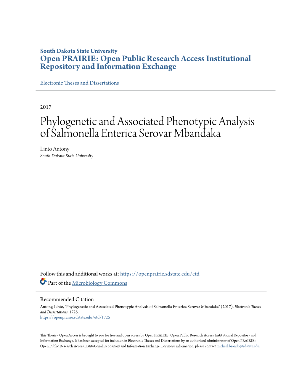 Phylogenetic and Associated Phenotypic Analysis of Salmonella Enterica Serovar Mbandaka Linto Antony South Dakota State University