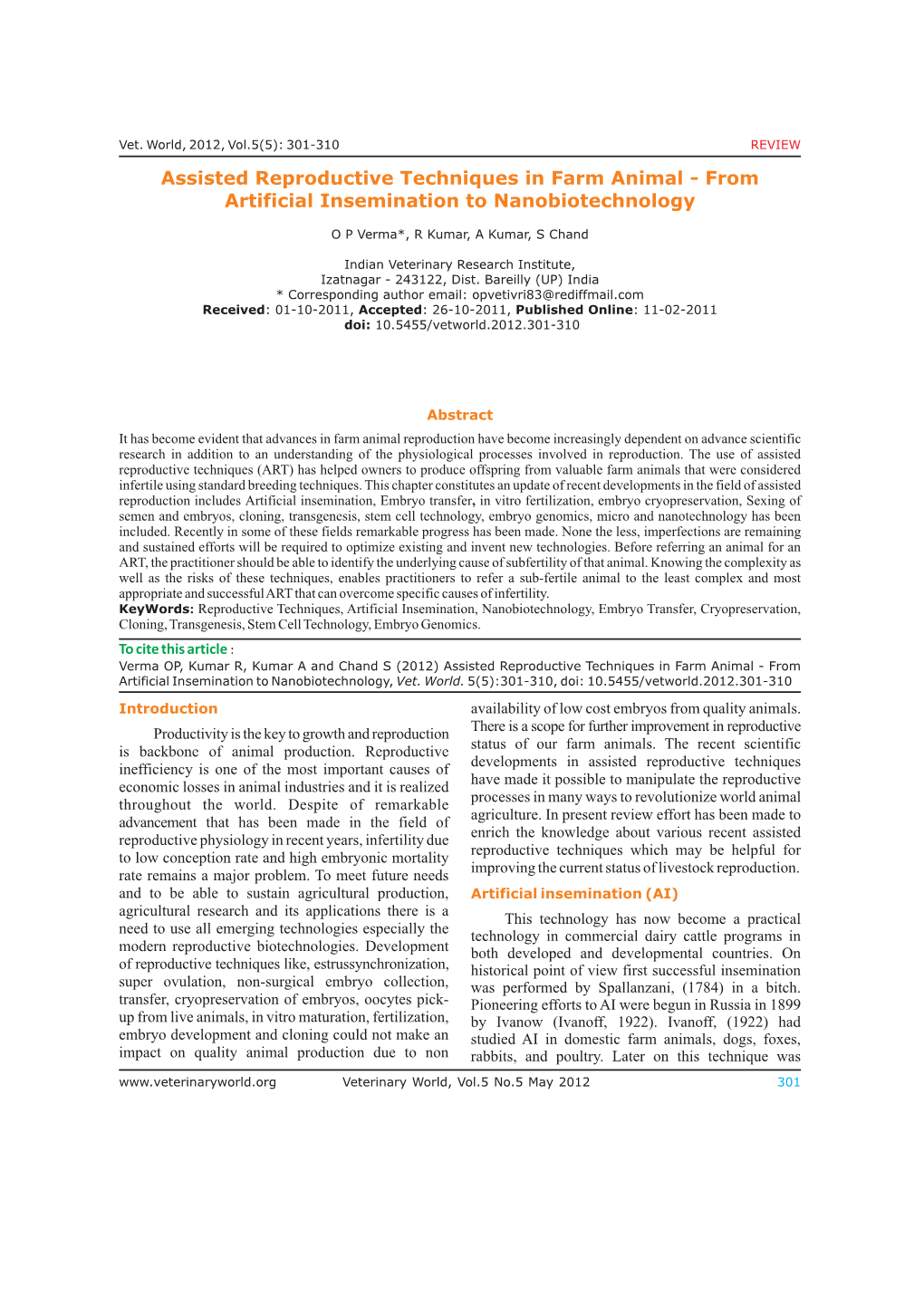 Assisted Reproductive Techniques in Farm Animal - from Artificial Insemination to Nanobiotechnology