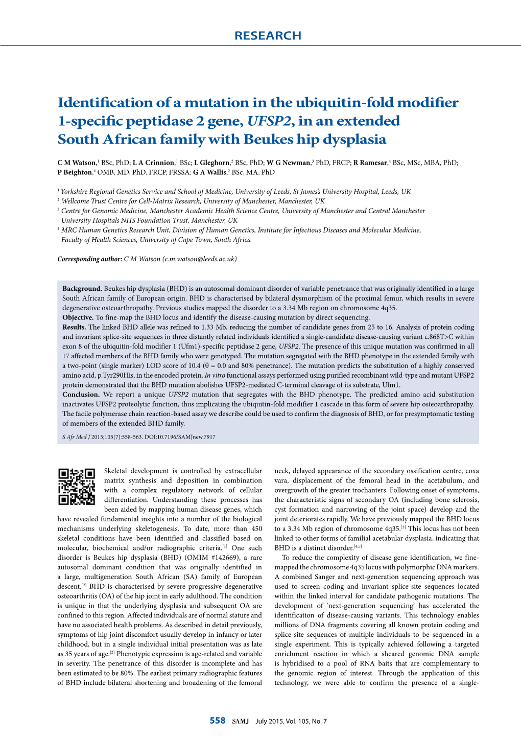 Identification of a Mutation in the Ubiquitin-Fold Modifier 1-Specific Peptidase 2 Gene, UFSP2, in an Extended South African Family with Beukes Hip Dysplasia