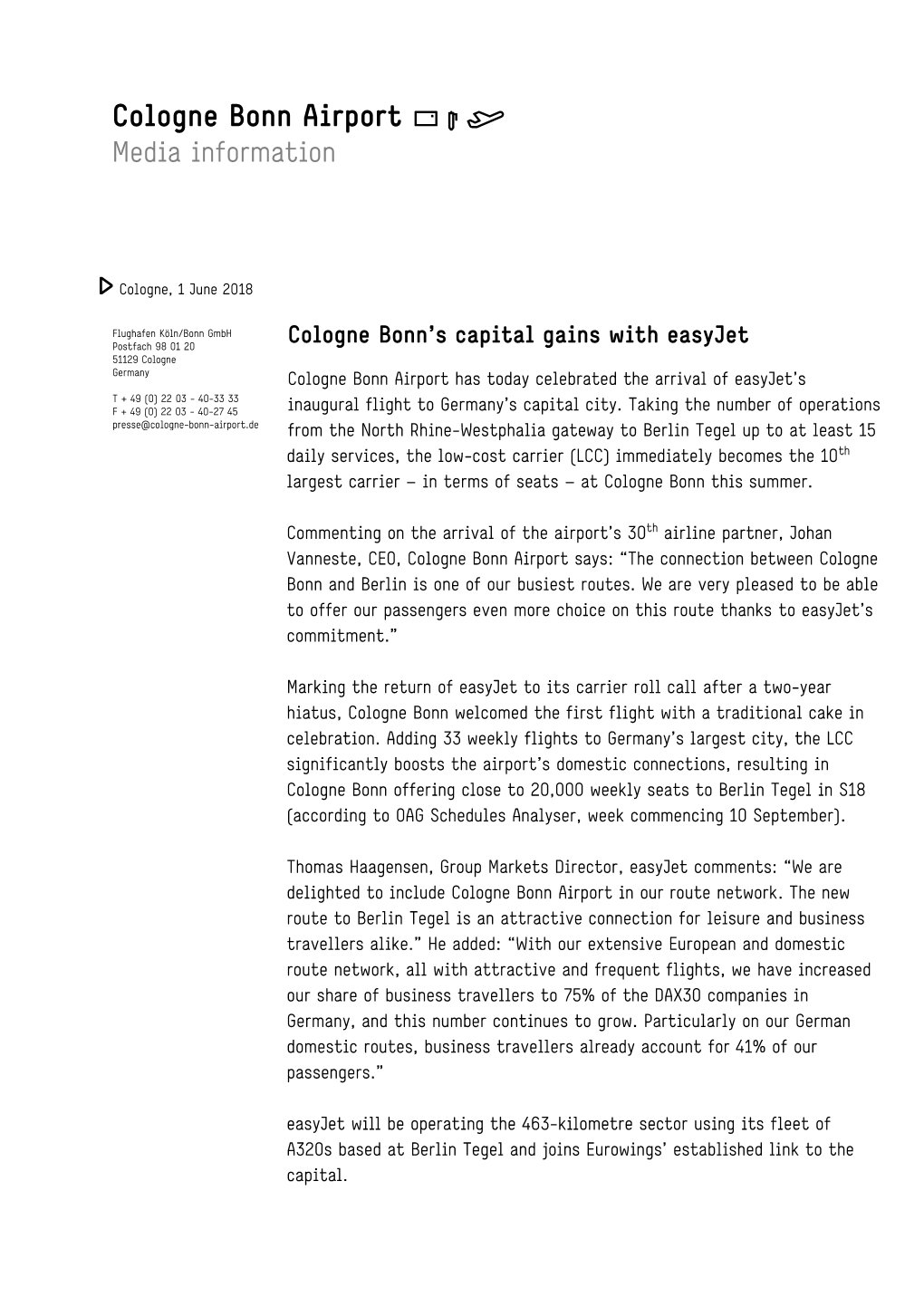 G Cologne, 1 June 2018 Cologne Bonn's Capital Gains with Easyjet