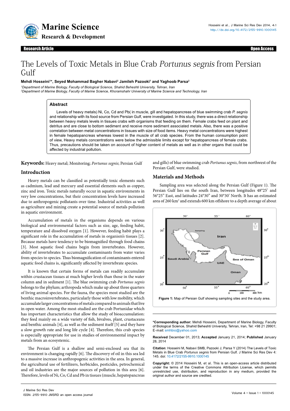 The Levels of Toxic Metals in Blue Crab Portunus Segnis from Persian