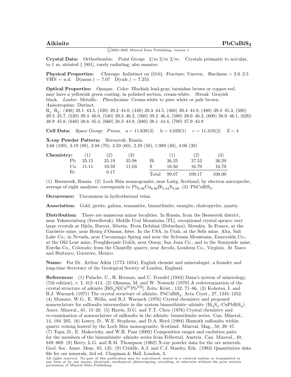 Aikinite Pbcubis3 C 2001-2005 Mineral Data Publishing, Version 1