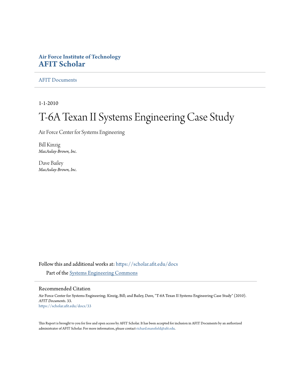 T-6A Texan II Systems Engineering Case Study Air Force Center for Systems Engineering