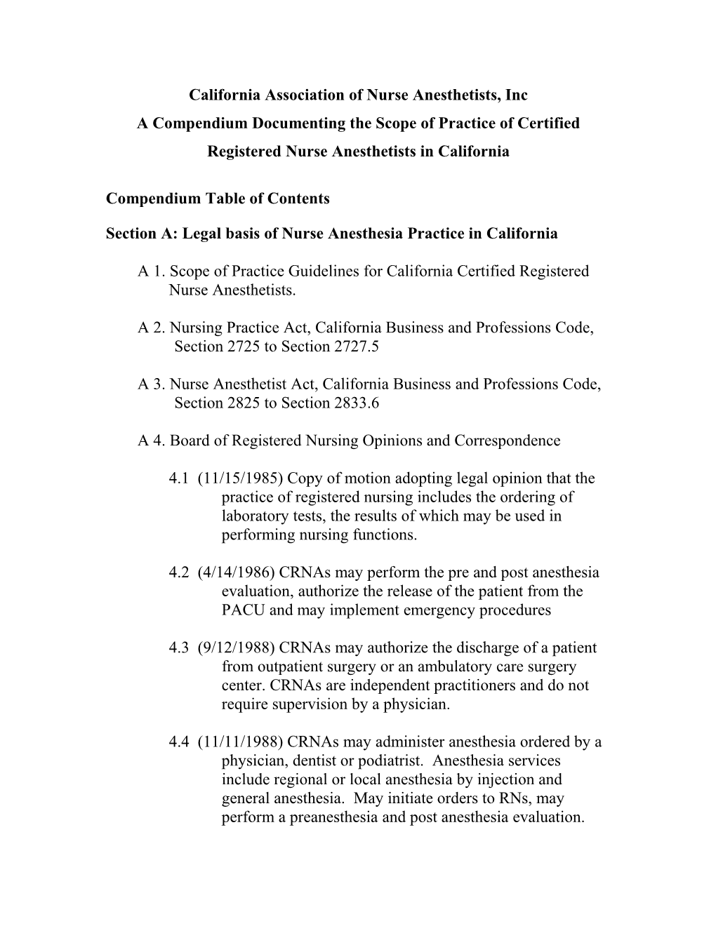 Compendium Table of Contents