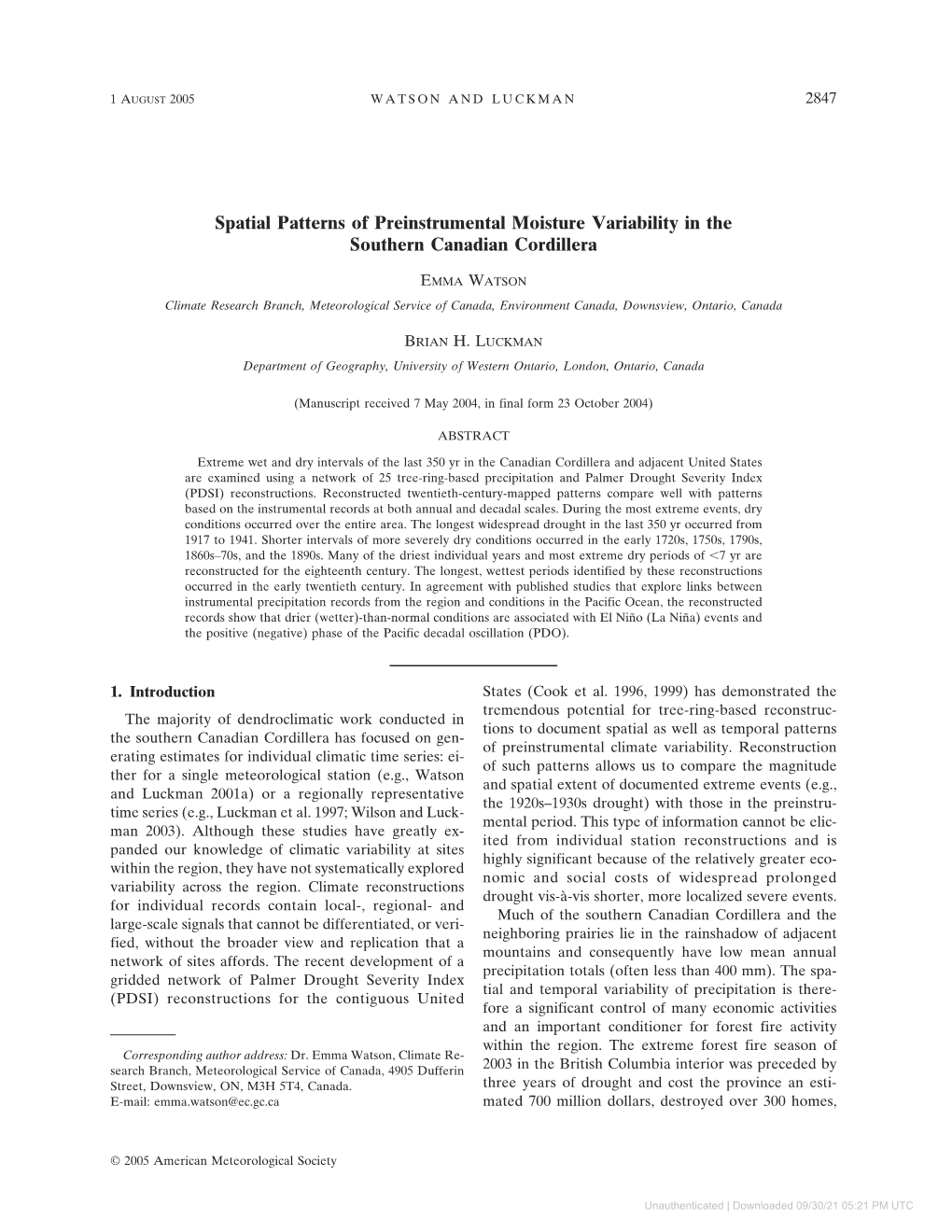 Spatial Patterns of Preinstrumental Moisture Variability in the Southern Canadian Cordillera