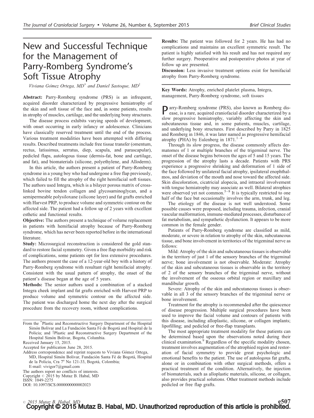 New and Successful Technique for the Management of Parry-Romberg