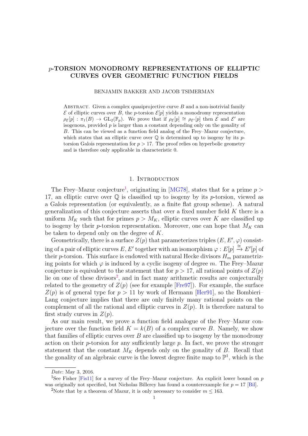 P-TORSION MONODROMY REPRESENTATIONS of ELLIPTIC CURVES OVER GEOMETRIC FUNCTION FIELDS